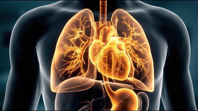 Digital illustration of human internal anatomy, clearly showing the glowing heart and lungs, suitable for medical education, health campaigns, scientific research, and biology lessons.