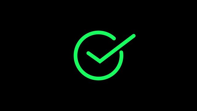Green check mark icon animation with loading circle on black background - Concept of success, completion, and approval