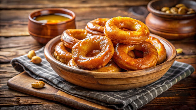 Picarones with syrup in wooden bowl, rustic clay dish with peanuts on dark wooden table. Traditional picarones with syrup, sweet potato and squash dough, drizzled with chancaca.