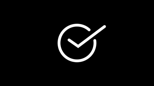 White animated check mark icon with loading progress bar on black background - Symbol for task finished and verified