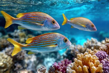 Fototapeta premium Three Bluelined Snappers Swim Over Coral Reef
