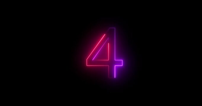 Glowing neon 4 text number animation on black background. Bright neon 4 number symbol. glowing neon number animation concept