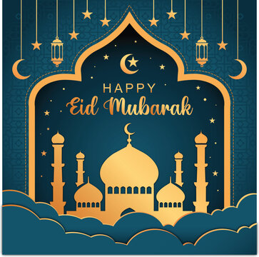 Happy Eid Mubarak Greeting Card Design with Golden Mosque and Crescent Moon Stars