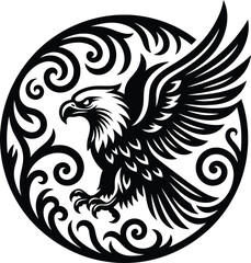 Majestic eagle silhouette inside a decorative circular frame with intricate floral scrollwork patterns for logo design.