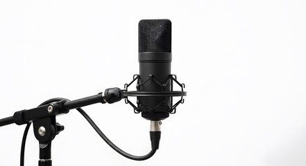Condenser microphone on stand for studio recording and podcasting