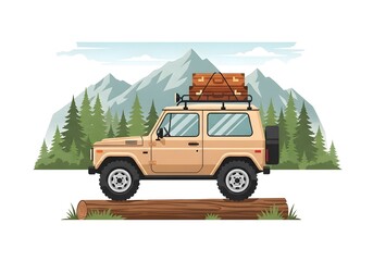 Obraz premium Beige off road vehicle driving on log with mountain forest background