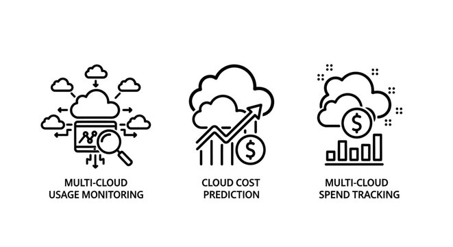 Multi-Cloud Usage Monitoring, Cost Prediction, and Spend Tracking Icons: Concepts for Cloud Computing Financial Management and Optimization