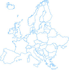 Obraz premium A simple blue outline map of the continent of Europe against a black background, showing country borders