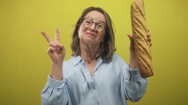 Woman holding a baguette and flashing a peace sign with her hand in studio against yellow wall, wearing glasses and blue shirt; playfulness.
