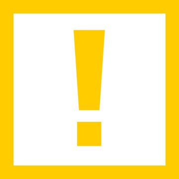 A bold yellow exclamation mark symbol is displayed prominently within a black square, framed by a thick yellow border, signifying an alert or caution