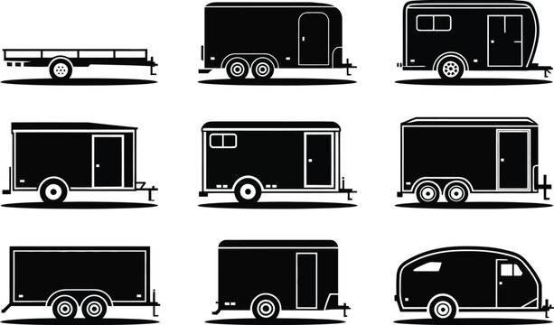 Trailer icon set including various types of cargo and utility trailers