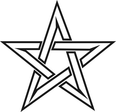 A stylized, interlocking pentagram symbol rendered in stark black and white, representing esoteric and occult themes