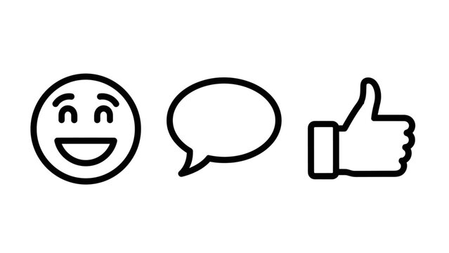 Social media interaction icons with happy emoji face speech bubble for comments and thumbs up like button