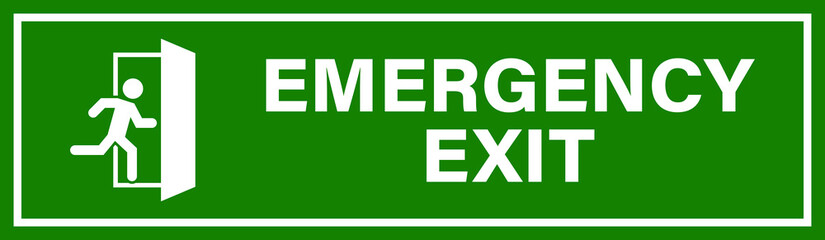 A green and white emergency exit sign with a running person icon indicating a safe escape route during an emergency
