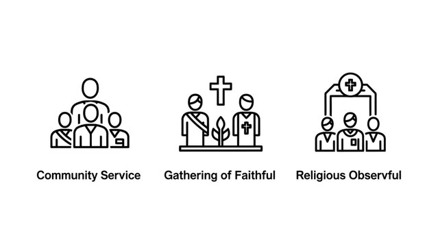 Christian Community Service and Religious Gathering Icons Set Featuring Church Worship and Faith Outreach