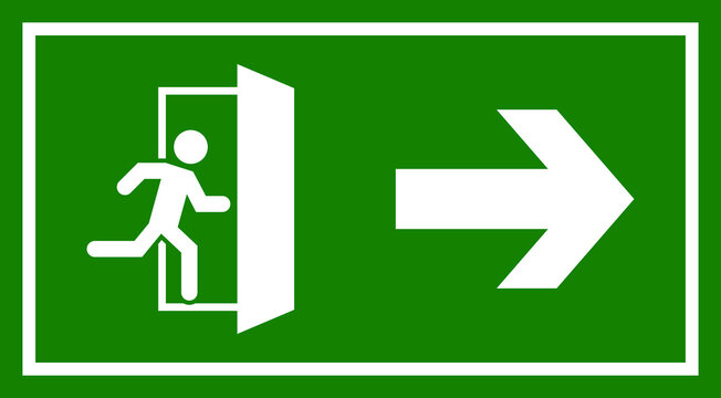 A clear green safety sign indicating an emergency exit with a running figure and a directional arrow pointing to the right