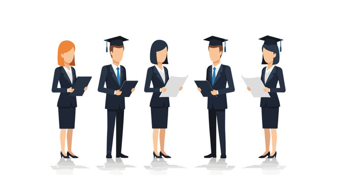 Diverse group of graduates in academic attire holding documents.