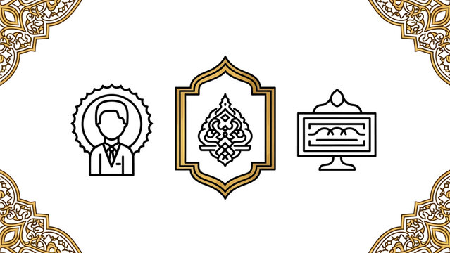 Islamic and Javanese cultural heritage icons featuring a person, gunungan motif, and calligraphy set against a white background with ornate gold borders.