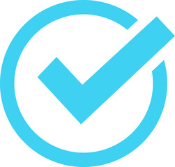 A bright blue check mark symbol inside a circular outline on a black background, representing completion or confirmation © M-KOS
