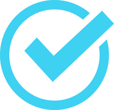 A bright blue check mark symbol inside a circular outline on a black background, representing completion or confirmation