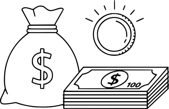 A stylized line of a money bag with a dollar sign a stack of dollar bills and a shining coin