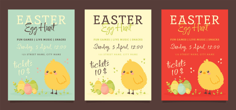Easter egg hunt posters set with cute chick and colorful eggs vector illustration.