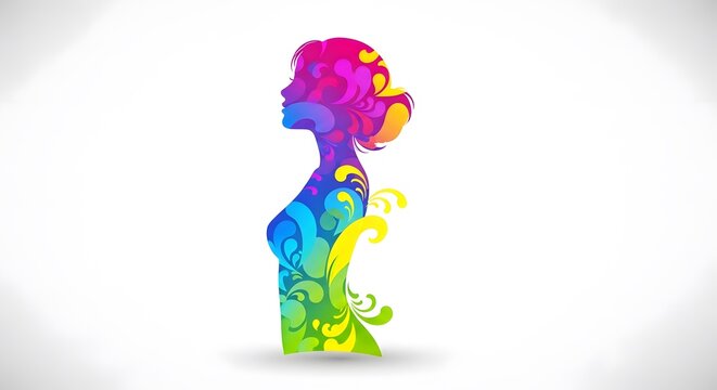 Abstract Multicoloured Woman Silhouette Profile Illustration on White Gradient