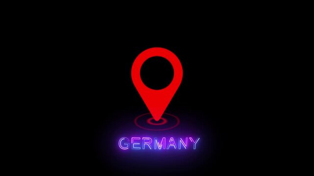 Red map pin icon with neon Germany text animation on black background - Travel and location concept for Germany