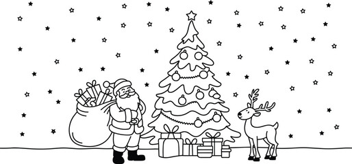 Cute Christmas coloring page with Santa Claus reindeer tree gifts winter night vector line art illustration © Hello there