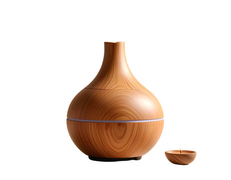 Wood-grained diffuser and lit candle on black