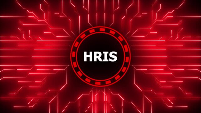 HRIS &ndash; Human Resource Information System. HRIS concept head up display (HUD UI) panel and futuristic technology abstract background. Digital Data moving on Circuit Board and CPU .4k