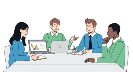 Diverse business team collaborating in a modern office meeting.