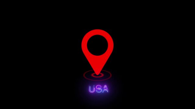 Neon glowing USA text with red map pin icon animation on black background - Travel and location concept for United States