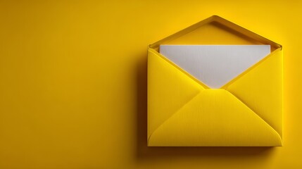 Minimalist yellow envelope with white card on yellow background symbolizes modern communication, invitations, and branding in creative marketing or business contexts