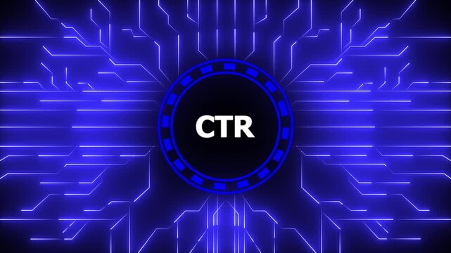 CTR (Click-through rate) banner and concept. Letters on bright colorful background. Minimal aesthetics. Digital Data moving on Circuit Board and CPU . Computer Processing and organizing data.4k