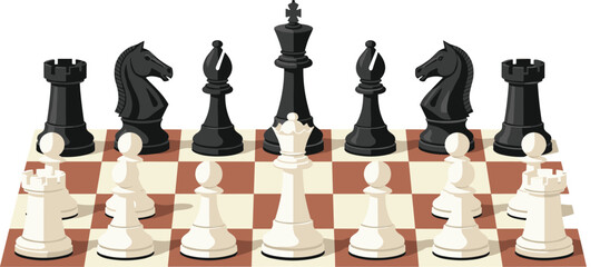 Chess Game Strategy Concept with Black and White Pieces on Chessboard Vector Illustration © Md