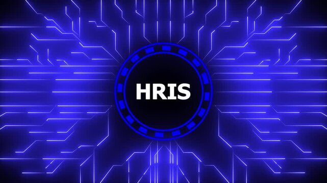 HRIS &ndash; Human Resource Information System. HRIS concept head up display (HUD UI) panel and futuristic technology abstract background. Digital Data moving on Circuit Board and CPU .4k