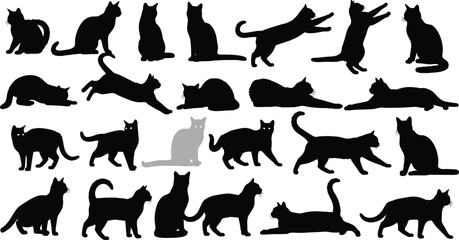Cat silhouette collection with various poses and movements, black feline figures set, pet, animal, playful and domestic lifestyle concepts © Md