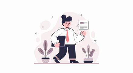 Confident cartoon person in professional attire walking, holding a brief case