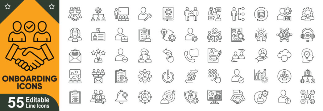 Corporate employee onboarding icons set. HR orientation, staff training, workflow management, business integration, editable stroke line vector collection.