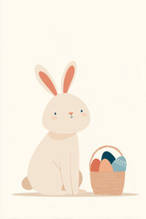 Obraz premium Stylish Minimal Easter Bunny with Basket and Leaves on Clean Neutral Background Modern Flat Vector Poster