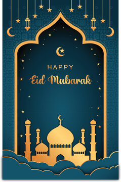 Golden Mosque Crescent Moon Stars Eid Mubarak Card Blue Teal Background Greeting Card Design.eps