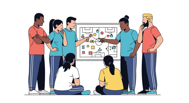 Diverse team collaborating on a strategy board.