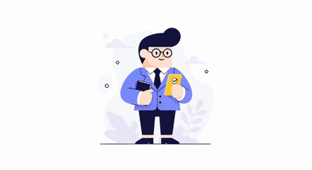 A cartoon man in a blue suit and glasses holds a book and a checklist