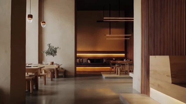 Modern restaurant interior design featuring wooden tables and warm lighting in a spacious layout