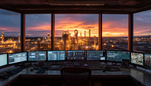 Refinery control room overlooking plant at sunset