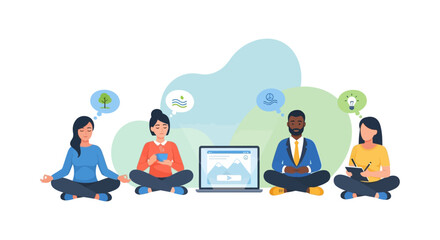 Diverse Team Meditation and Mindfulness for Focus and Creativity in the Digital Workplace. Business people finding work-life balance near a laptop.