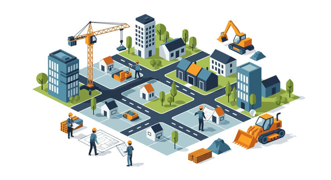 Isometric Cityscape Construction and Development Scene.