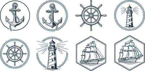 Vintage Nautical Marine Emblems Set with Anchor, Ship Wheel, Lighthouse and Sailing Ship Vector © Md