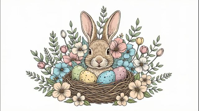 Cute easter bunny illustration in a nest with pastel eggs and spring flowers for holiday design elements
